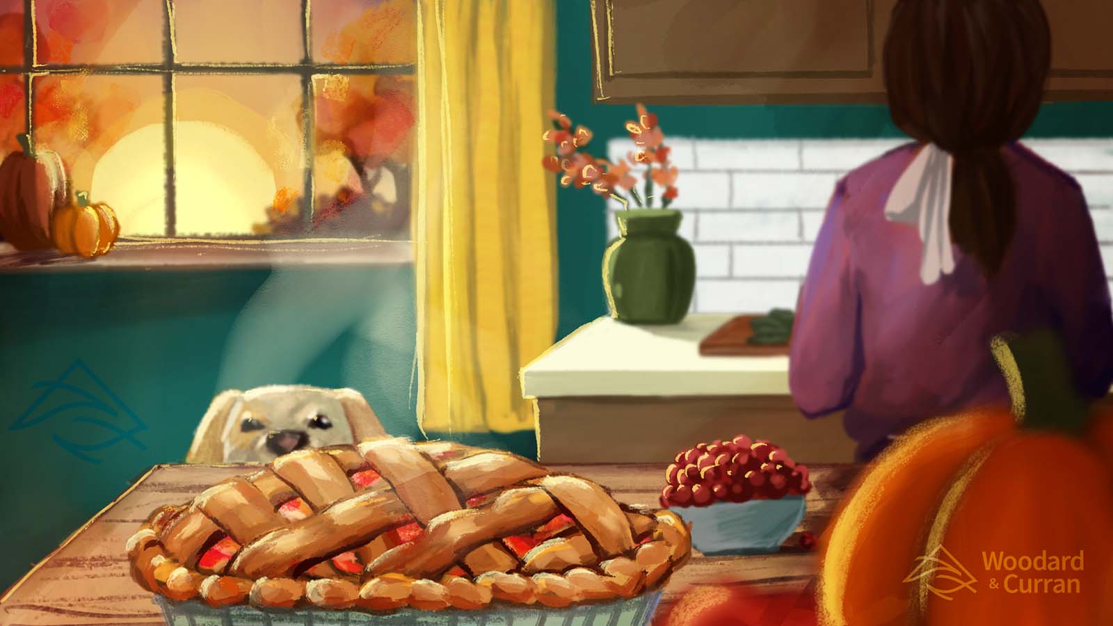 Oil painting of a serene autumn scene of a woman preparing a Thanksgiving meal in a homey kitchen filled with warm yellow sunlight. A dog's eyes poke above the counter in the foreground staring at a warm apple pie with basket weave crust cooling off as steam rises above. Copyright 2025, Leanna Nguyen; Woodard & Curran, Inc.