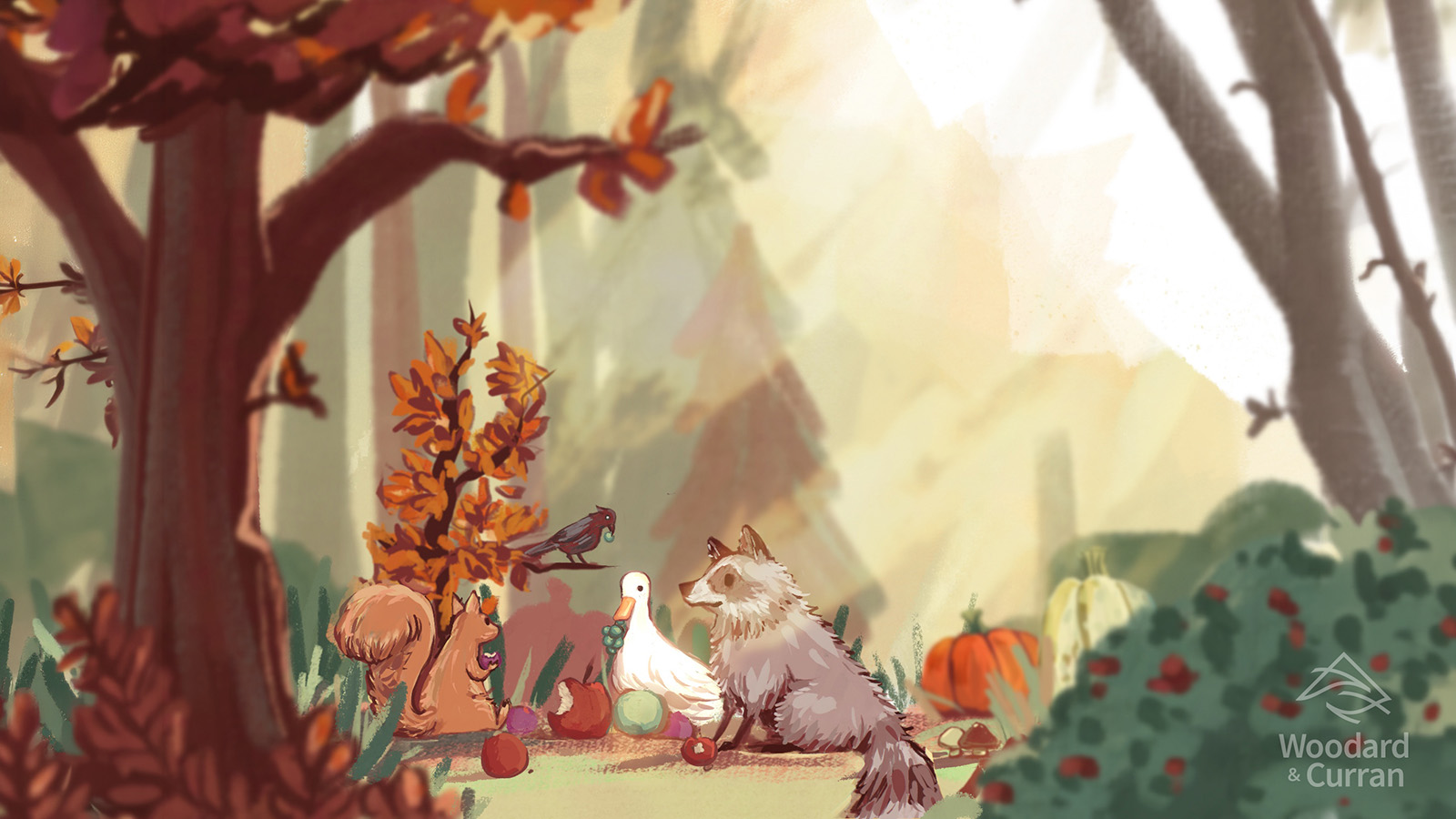 Oil painting of a serene autumn scene of woodland animals grouped around a meal in a forest filled with autumn leaves and colors. Copyright 2026, Leanna Nguyen; Woodard & Curran, Inc.