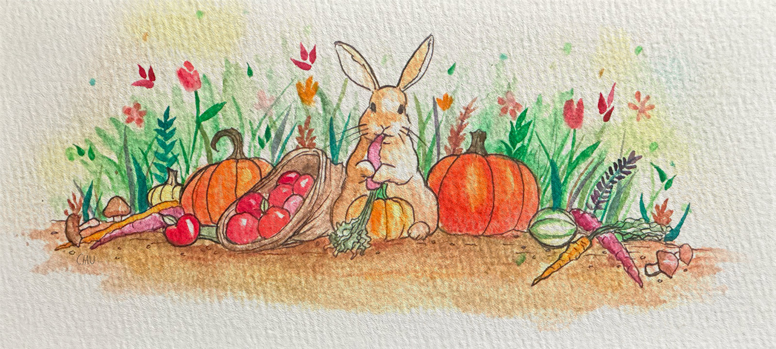 Watercolor painting of a serene autumn scene of a bunny eating a carrot in tall grass and flowers, surrounded by pumpkins, and other fall harvest vegetables. A small cornucopia is to the bunny's left side filled with fresh red apples.